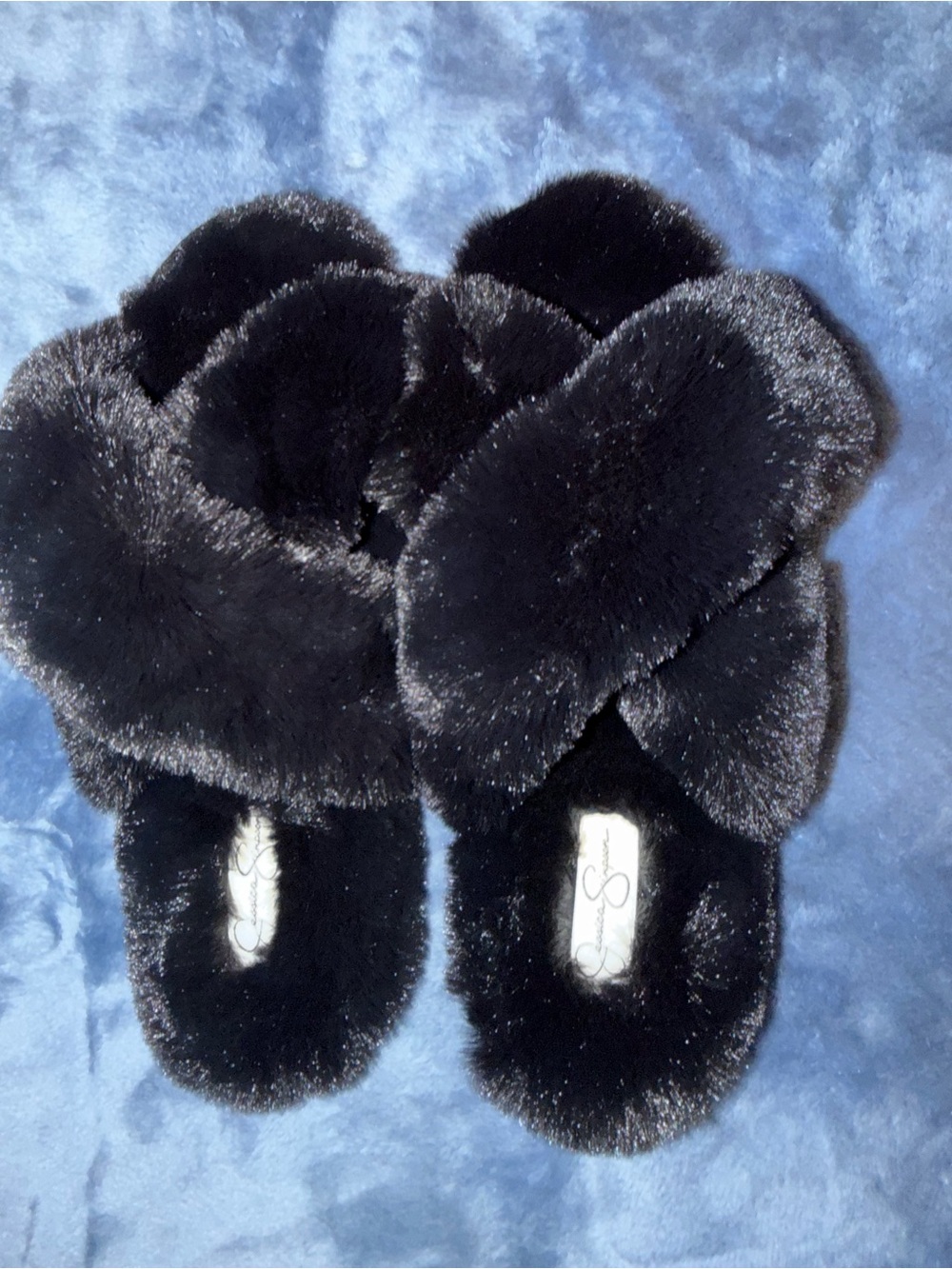 Jessica Simpson Black Faux Fur Cross-Band Slide Slippers - Unbranded